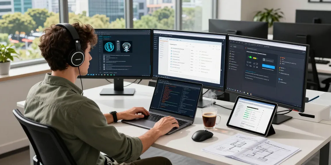 Litespeed Web Server WordPress Hosting optimization scene with a developer at a modern workstation