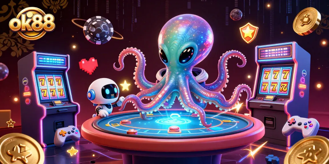 Experience thrilling gameplay at ok88 with a captivating 3D alien octopus and vibrant casino elements.