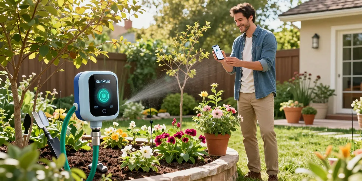 Managing RainPoint WiFi water timer in a flourishing garden, showcasing smart watering technology for plants.