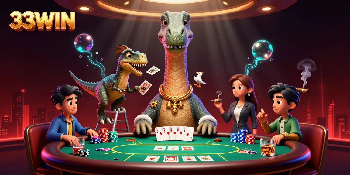 Engage with 33WIN's unique gaming experience featuring a brontosaurus in a vibrant casino scene.