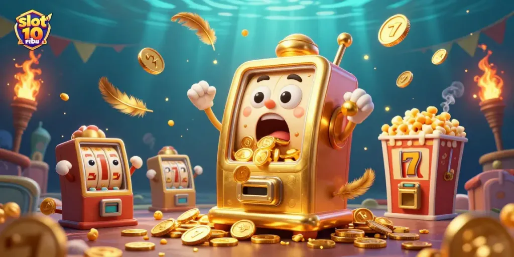 Experience a golden slot machine hitting a jackpot with vibrant action and coins flying in slot 10 ribu.
