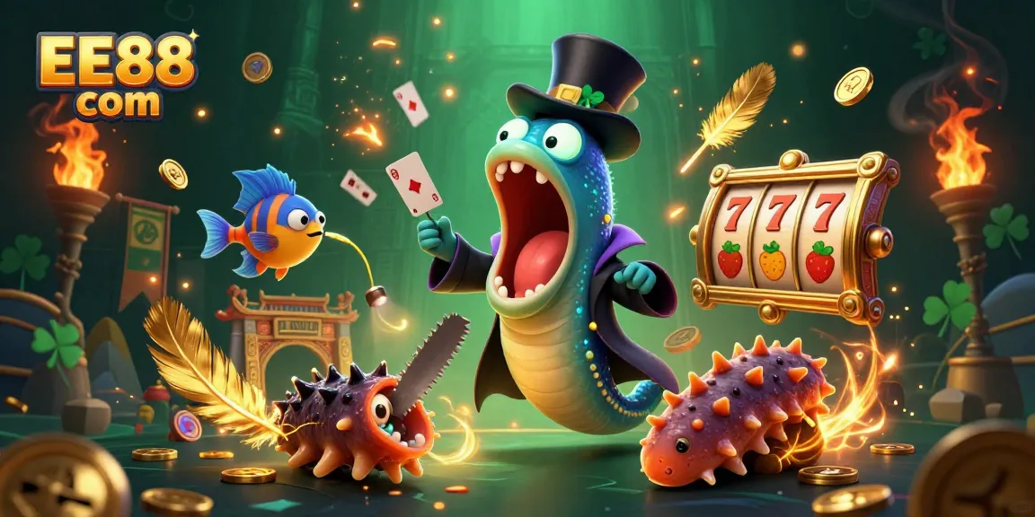 Experience top-tier gaming at EE88 com with a vibrant 3D illustration showcasing gambling excitement.