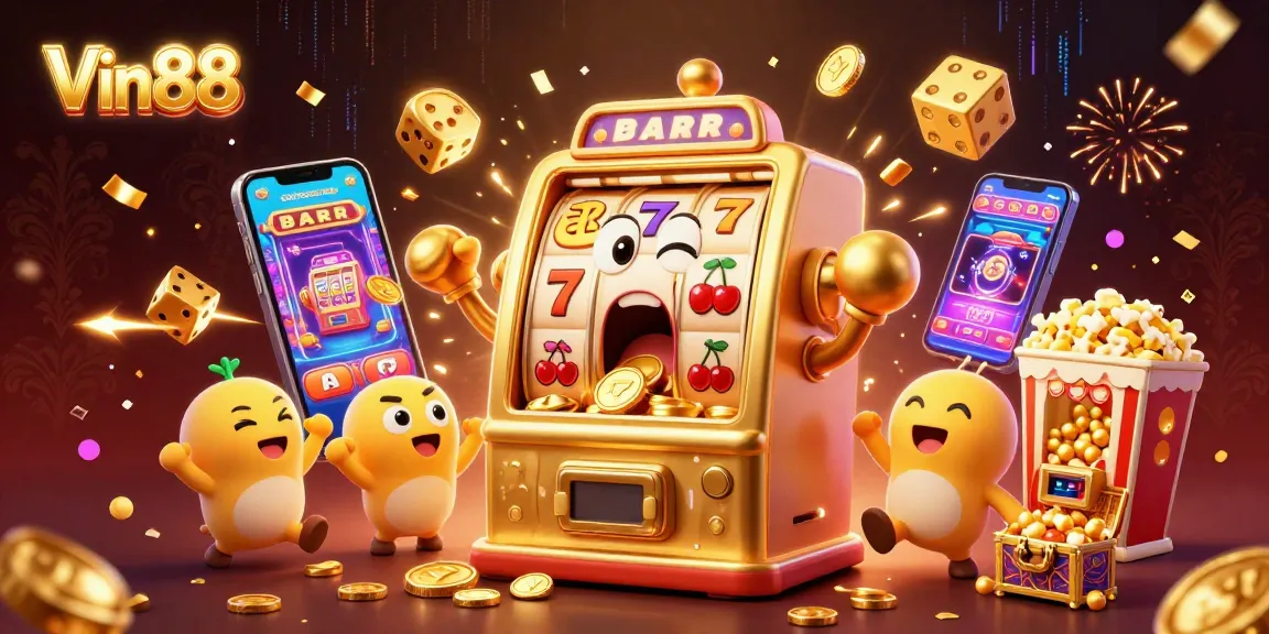Vin88's golden slot machine celebrating a jackpot win with cheerful baby slot machines and a popcorn machine.