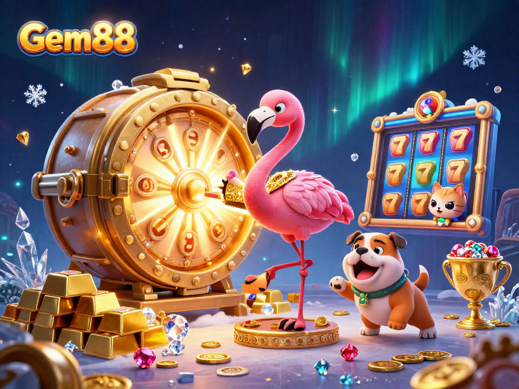 Spin the Gem88 prize wheel featuring exciting casino moments with vibrant characters and slot elements.