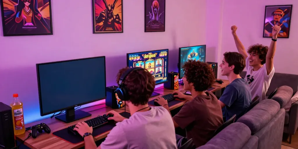 Group of friends enjoying slot gacor game in vibrant gaming room.