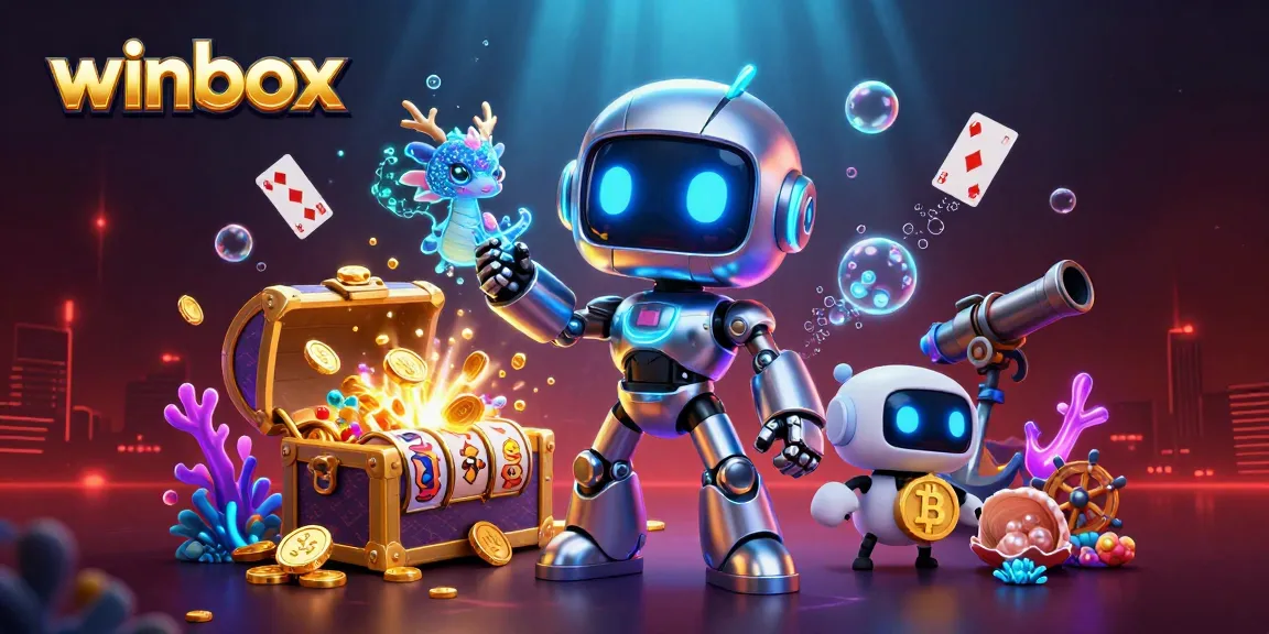 Engage in thrilling winbox gaming with a cyberpunk mascot, holographic AI dragon, and bitcoin drone amidst vibrant casino elements.