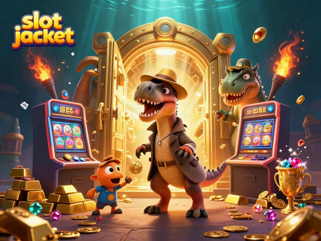 Experience a thrilling slot jackpot scene with cartoon velociraptor and friends at a colorful slot machine, surrounded by gold and gems.