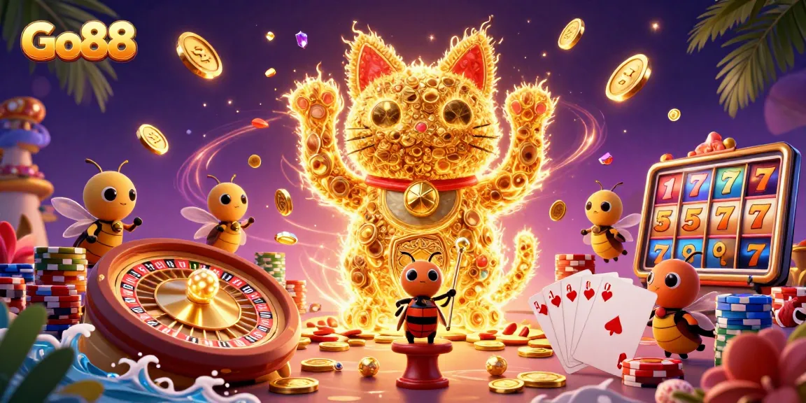 Experience the excitement of Go88 casino gaming with vibrant visuals of lucky symbols and dynamic illustrations.