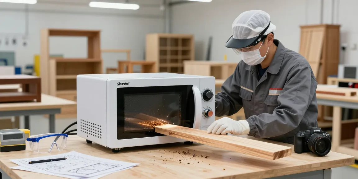 Shashel technician using microwave technology for woodworm elimination in a modern workshop.