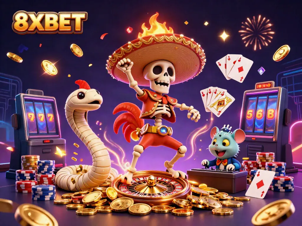 Experience exciting gaming moments at 8XBET with a lively casino scene, featuring dynamic characters and vibrant elements.