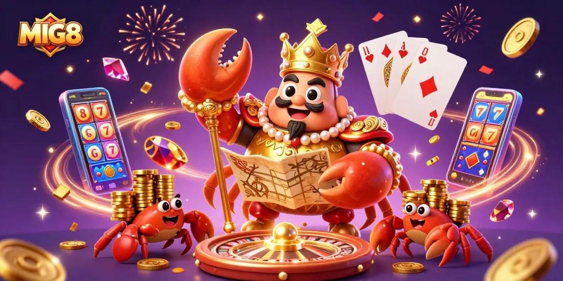 MIG8 showcases an energetic casino scene with a golden crab emperor, chips, and celebratory gems.