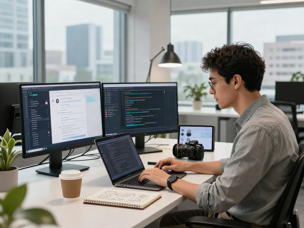 Exploring an unfiltered AI chat platform in a modern workspace with a developer in action.