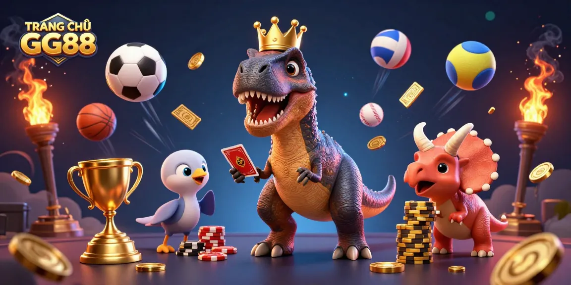 Engage with TRANG CHỦ GG88 while cartoon dinosaurs illustrate a vibrant casino scene filled with sports and gaming elements.