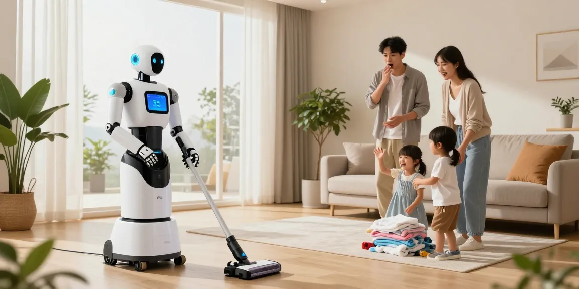 Home robot 2026 assisting a family with household chores in a modern living space, showcasing futuristic technology and family interaction.