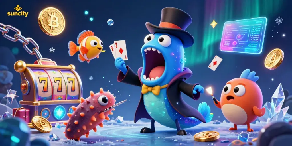 Experience the thrills of Suncity with magical sea creatures performing card tricks amidst glowing casino visuals.