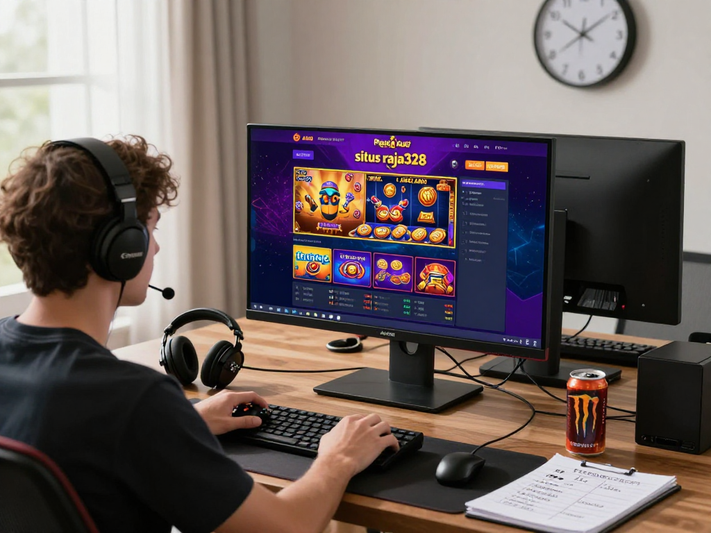 situs raja328 login scene with a dynamic gaming setup featuring vibrant games interface and user interaction.