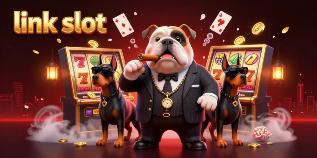 Spin the link slot with a 3D cartoon mafia bulldog and Doberman bodyguards in a vibrant casino scene.