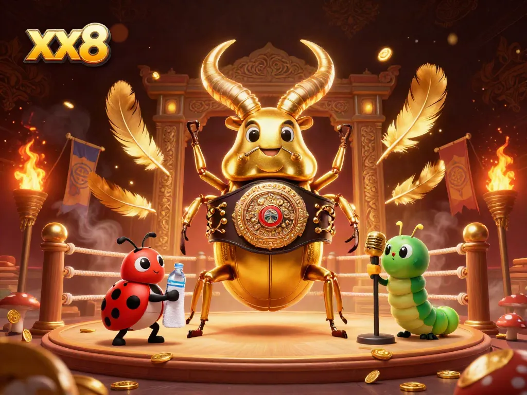 Experience thrilling xx8 casino adventures with a golden stag beetle champion and ladybug assistant.