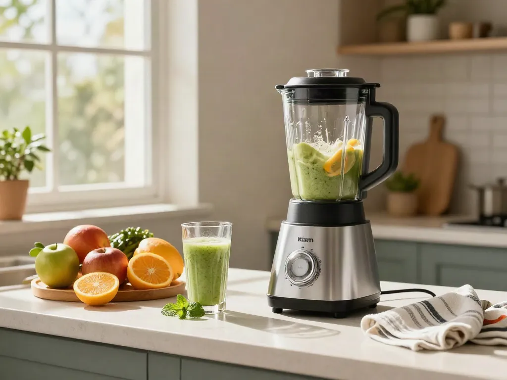 Kiam Blender in a bright kitchen, preparing a fresh smoothie with fruits.