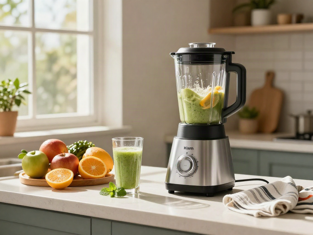 Kiam Blender in a bright kitchen, preparing a fresh smoothie with fruits.