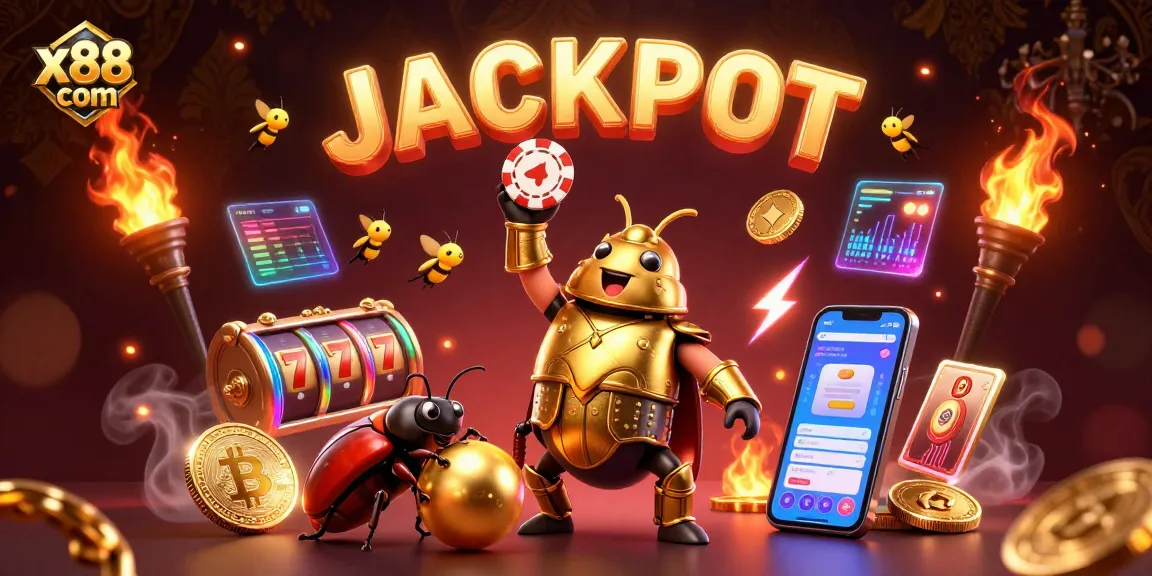 Experience the thrilling fantasy world of gambling with x88 com's dynamic jackpot scene filled with vibrant characters and crypto elements.