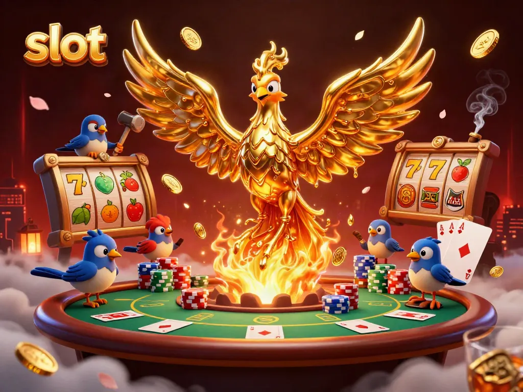 Experience the thrill of slots with golden phoenix and poker elements in a vibrant casino illustration.