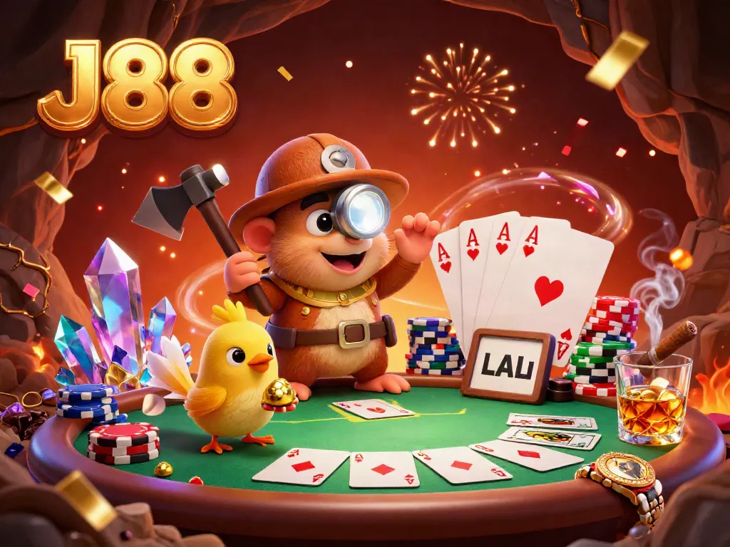 Engaging 3D illustration of J88 casino adventure with treasure hunter mole, poker elements, and sparkling gems.