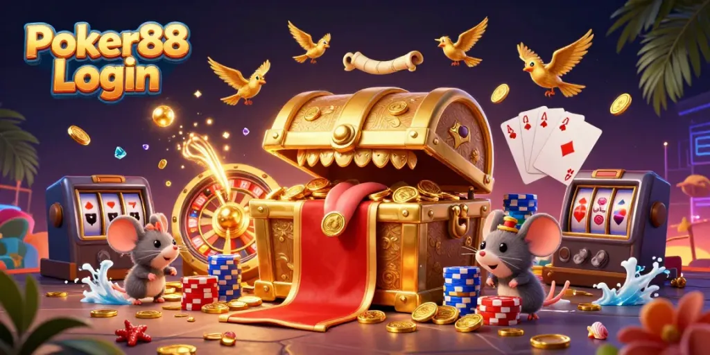 Engage in the excitement of Poker88 Login with adventurer mice and a treasure chest in a vibrant casino scene.
