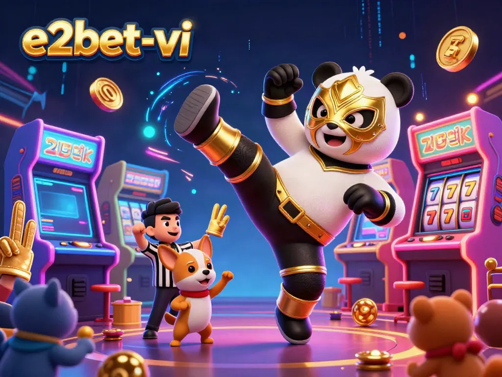 Experience exciting gameplay with e2bet-vi featuring a dynamic 3D scene of panda wrestling and casino elements.