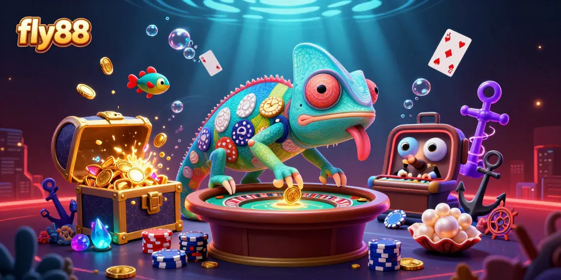 Experience exciting gameplay at fly88 with chameleon casino owner snatching gold coins amidst vibrant treasures.
