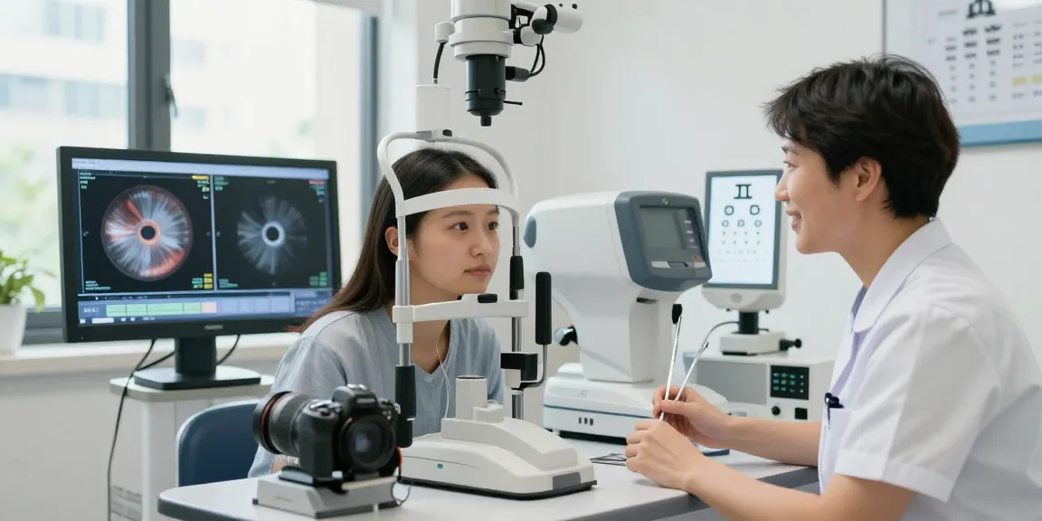 Patient receiving a full view eye examination at a modern clinic.