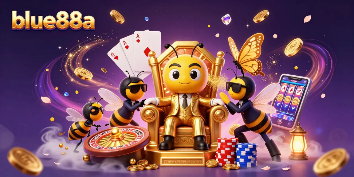Experience thrilling wins at blue88a with dynamic casino elements in a vibrant illustration.