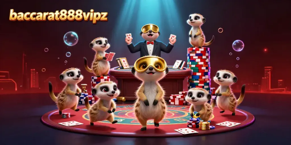 Experience the excitement of baccarat888vipz with animated meerkats managing a vibrant live casino scene.