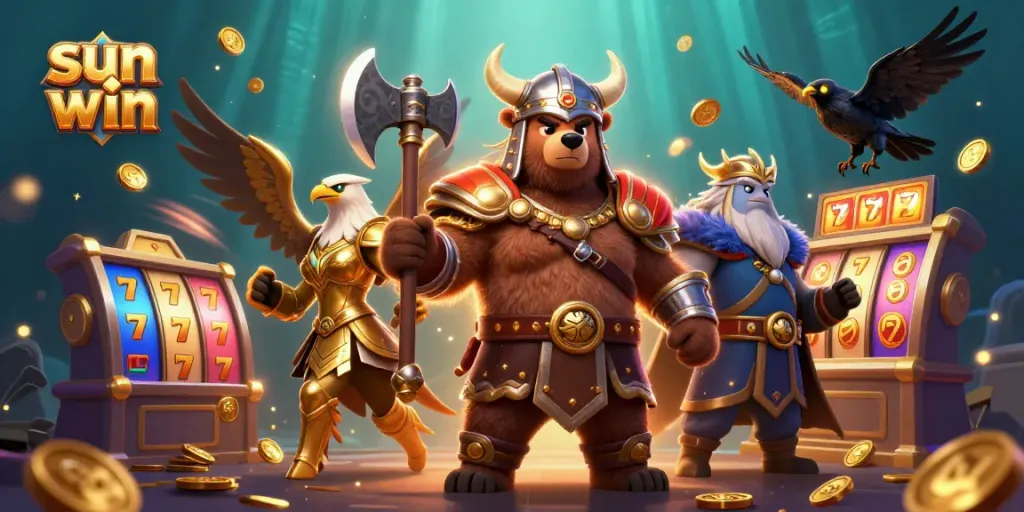 Experience the excitement of sun win with vibrant characters amid slot reels and golden coins.