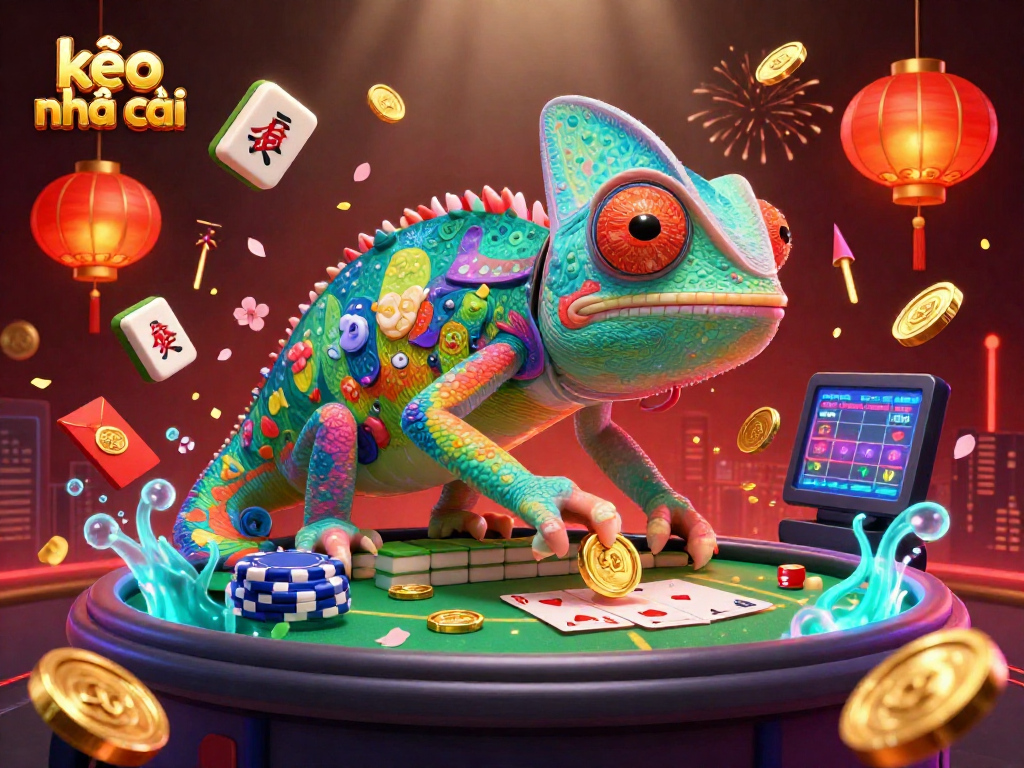 Engage with kèo nhà cái in an energetic casino scene featuring a colorful chameleon and festive game elements.