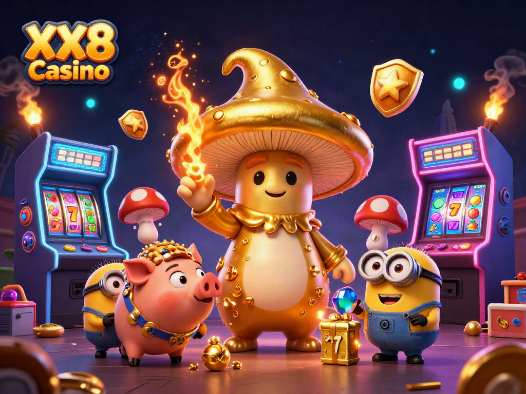 Engage with the magic of XX8 Casino as a golden wizard channels luck, surrounded by vibrant gaming elements.