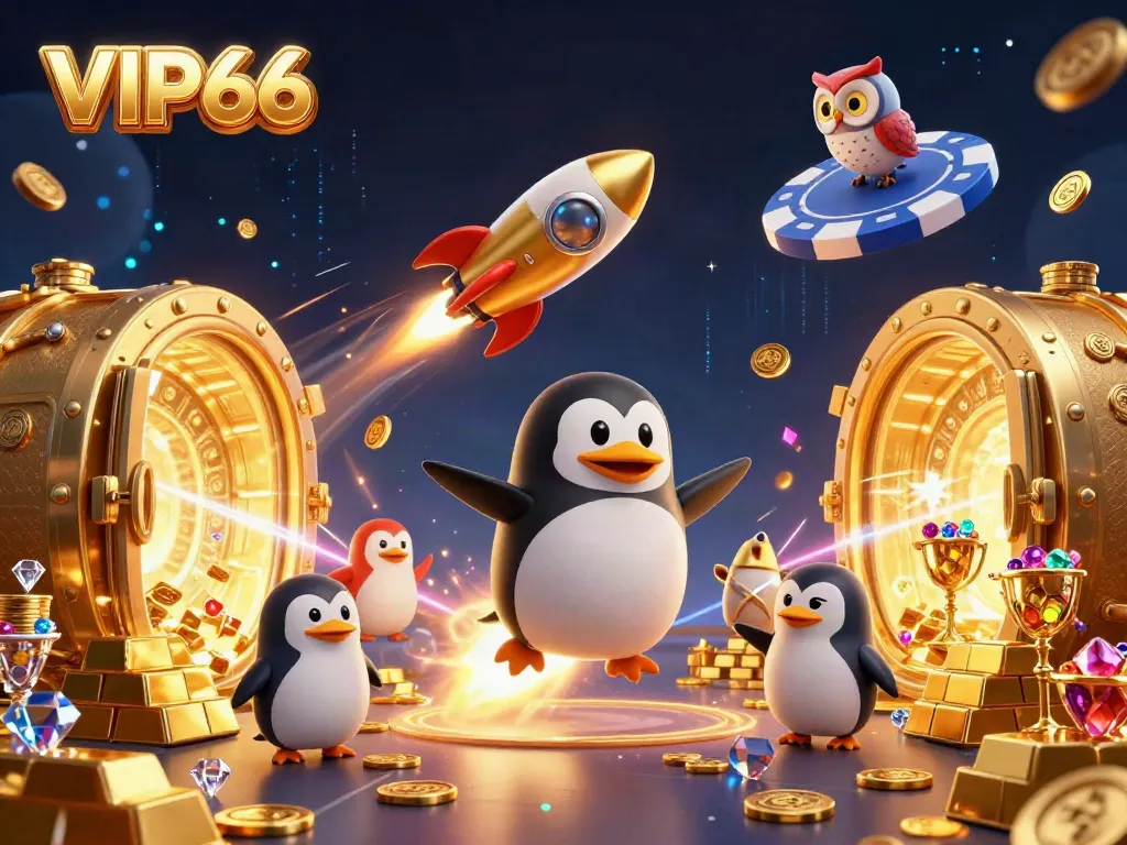 Engage with VIP66 as a golden penguin rockets to a casino space station, surrounded by treasures.