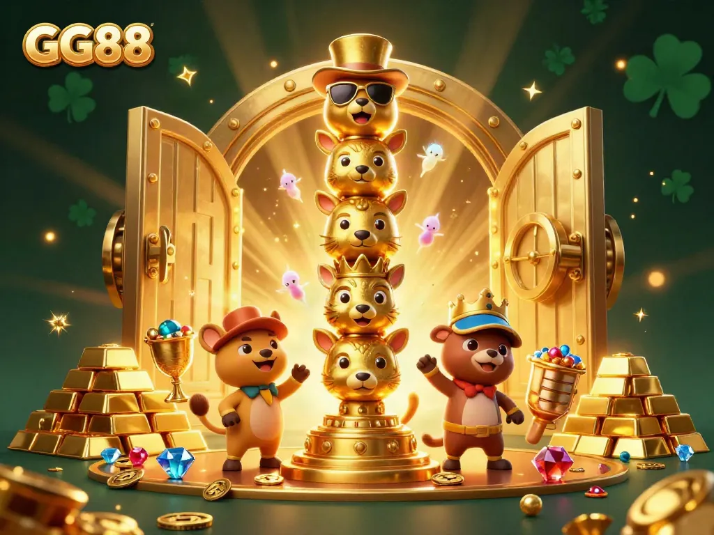 Experience the thrilling world of GG88 with vibrant casino elements and a whimsical 3D totem illustration.