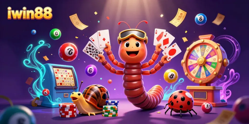 Engage in thrilling gameplay with iwin88 featuring a cartoon millipede dealer, vibrant lottery balls, and rewards!