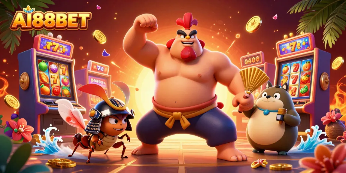 Celebrate thrilling wins at AI88BET with an exciting 3D casino illustration showcasing dynamic slot reels and a vibrant gambling atmosphere.