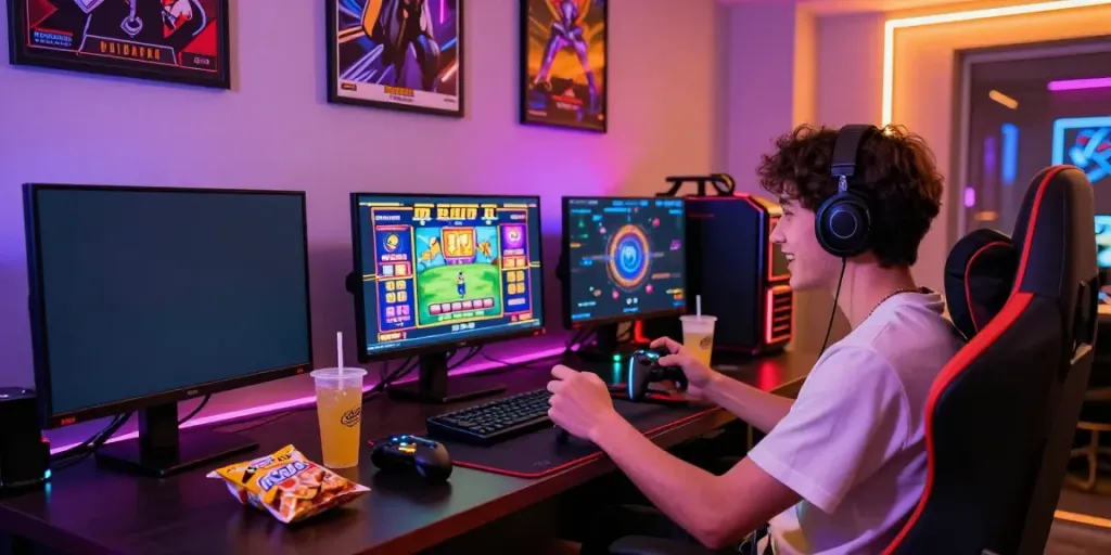 Engaged player enjoying a slot gacor gaming session in a vibrant setup.