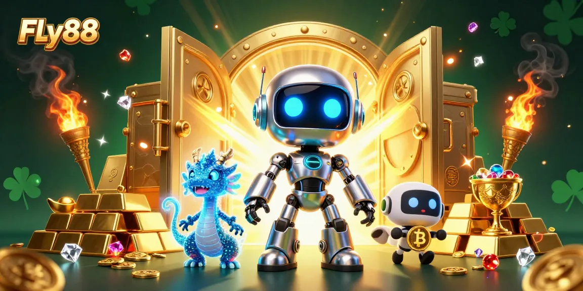 Experience the thrill of FLy88's dynamic casino world with futuristic characters and treasure elements.