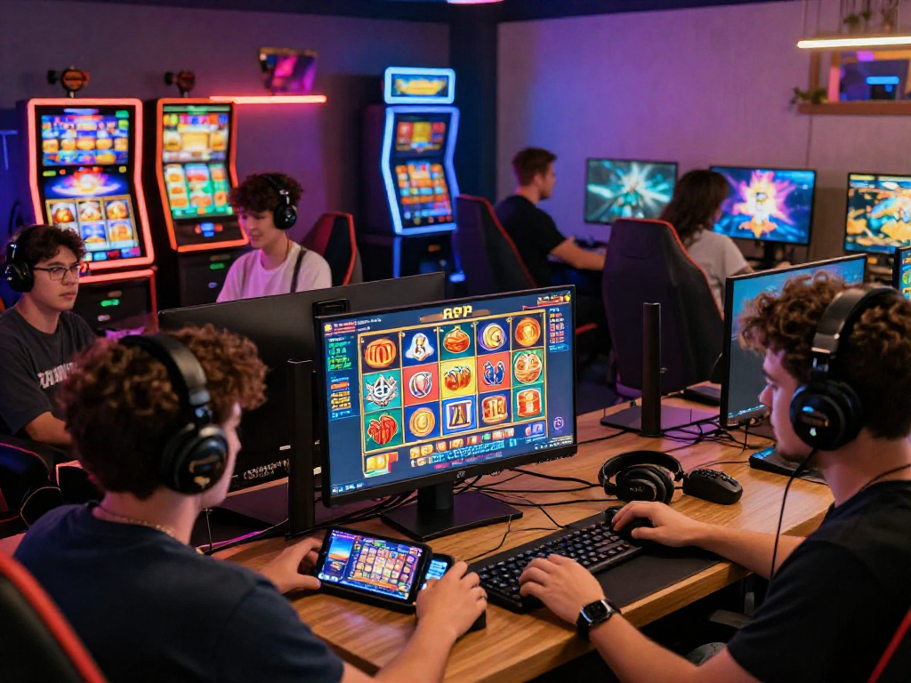 Exciting gaming scene with players engaging in link slot gacor, showcasing vibrant graphics and modern setup.