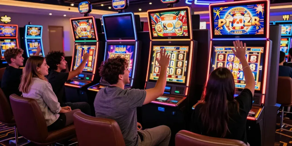 Exciting gaming atmosphere at KING999 casino with players celebrating wins and vibrant slot machines lighting up the night.