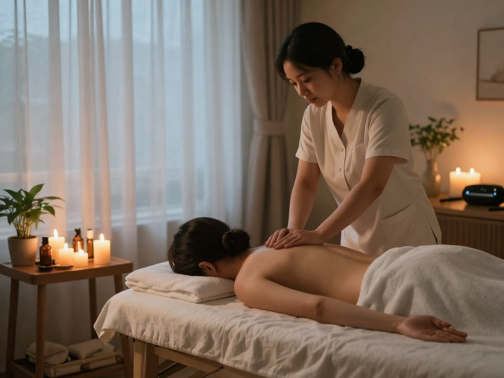 양주출장마사지 client enjoying a relaxing massage in a serene home spa setting with candles and essential oils.