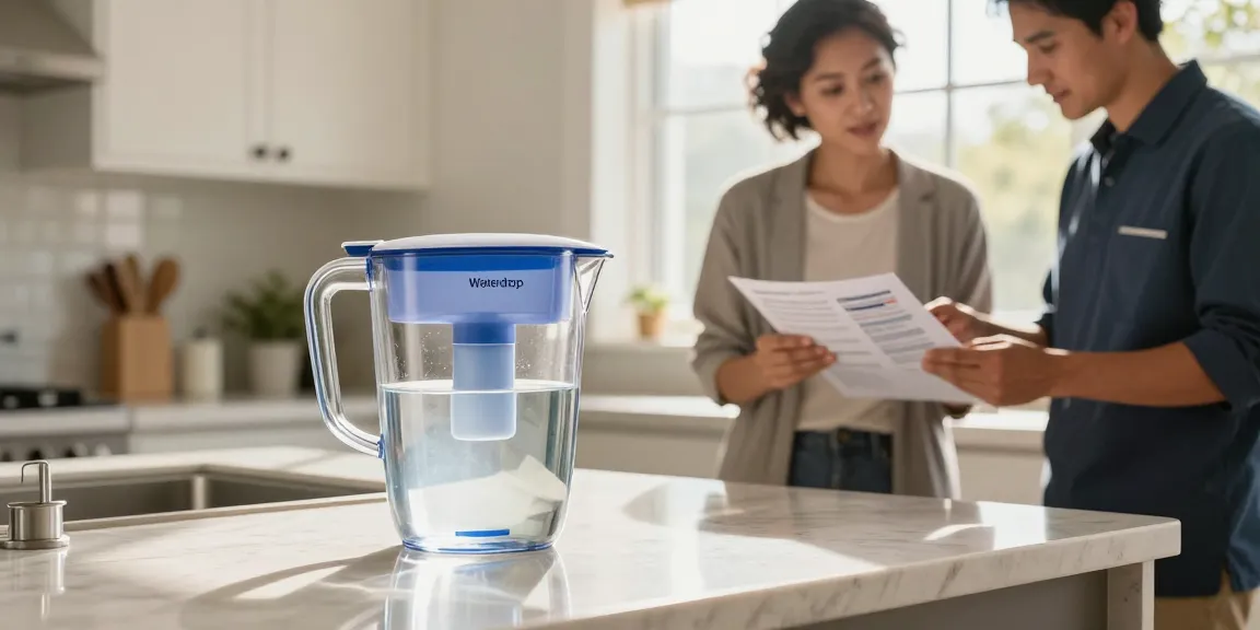 Waterdrop PT-72C-A Glass Alkaline Water Filter Pitcher displayed by a trusted local professional in a bright kitchen.