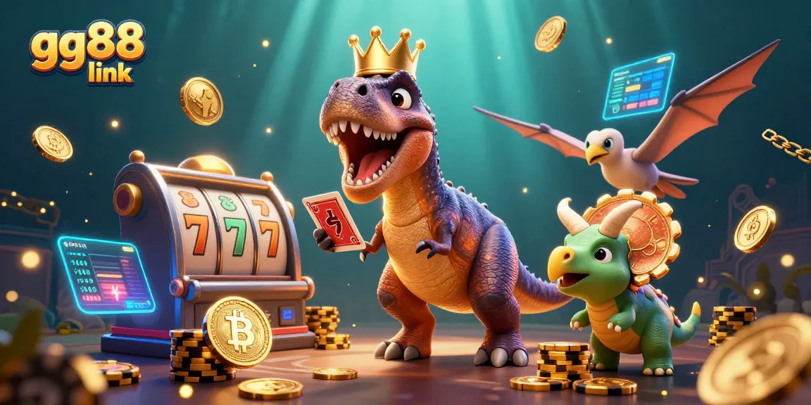 Engage with the gg88 link in a vibrant casino scene featuring a T-Rex and friends with golden chips.