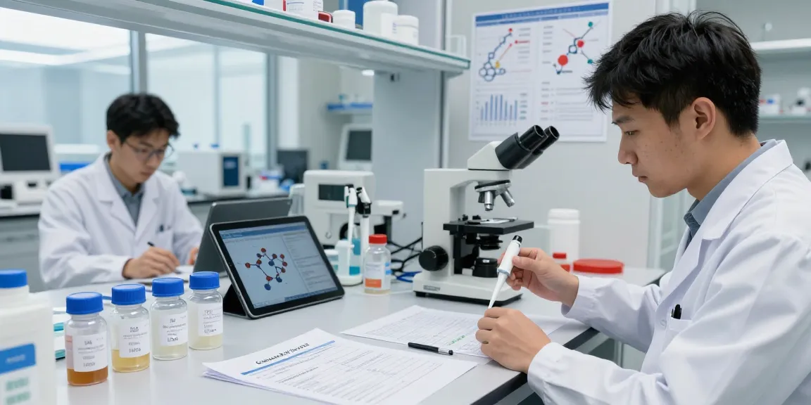 Research peptide US - Laboratory scene showcasing peptide synthesis with detailed COAs and scientific equipment.