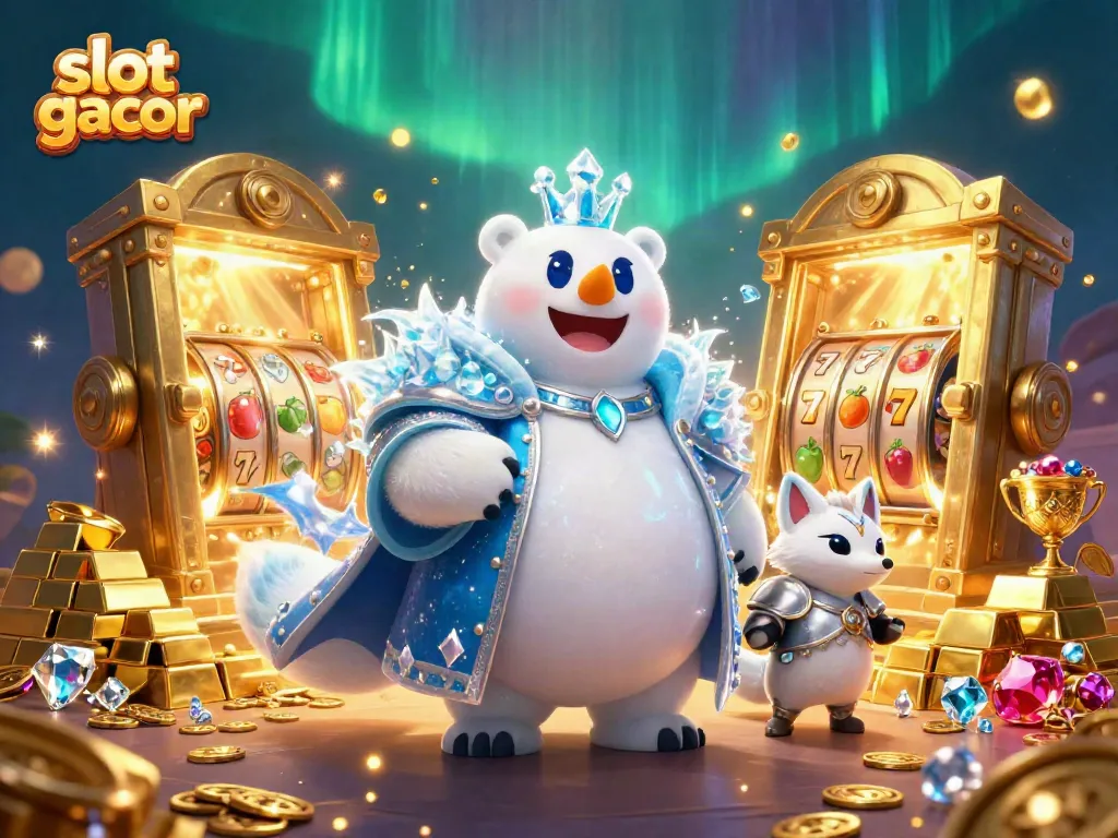 Experience the thrill of slot gacor with a majestic ice king and treasures in this stunning 3D scene.