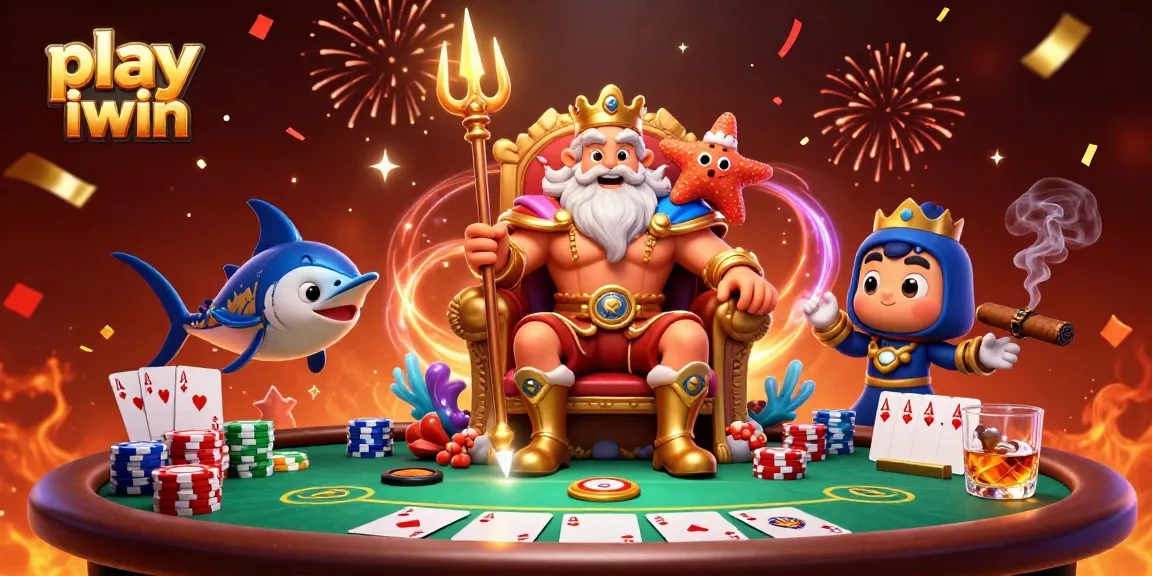 Play iwin in a vibrant casino scene featuring Neptune and poker elements.